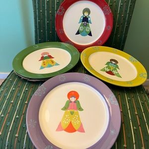 🎄Christmas “ Holiday” Folk Angel Plates~ Set of 4 NIB
